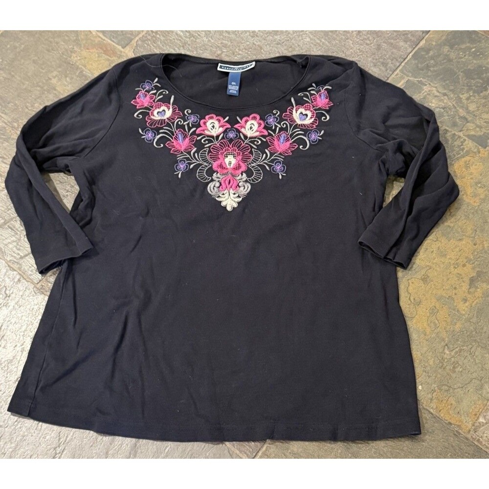 Karen Scott Top / Shirt Womens Black Embroidered Floral 3/4 Sleeves Size 0X